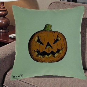 Perna Decorativa Halloween Dovleac Portocaliu Clasic, 40x40 cm, Verde, Husa Detasabila, Perna Inclusa, BEKZ®