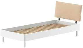 Pat Forrest Beech, 90x200 cm, pentru Camera Copii, cu Tăblie din Țesătură Bouclé, din Lemn Masiv de Fag, Alb – Vipack