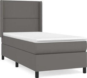 vidaXL Pat box spring cu saltea, gri, 90x190 cm, piele ecologică