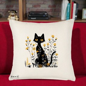 Perna Decorativa Pisica Neagra Ochi Galbeni Flori Galbene, 40x40 cm, Crem Reliefat, Husa Detasabila, Perna Inclusa, BEKZ®