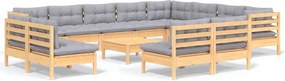 vidaXL Set mobilier grădină cu perne, 13 piese, gri, lemn masiv pin