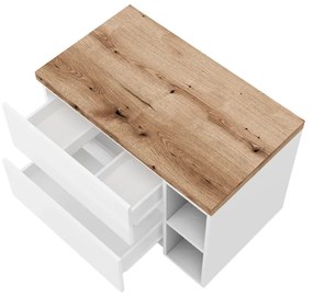 Set mobilier alb pentru lavoar pe blat, Genova 80 cm, cu blat stejar