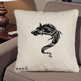 Perna Decorativa Lup Tribal Alb-Negru, 40x40 cm, Bej Canapea, Husa Detasabila, Perna Inclusa, BEKZ®