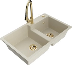 Mexen Tomas chiuvetă de bucătărie dublă din granit cu baterie Elia, bej - 6516-69-670101-50