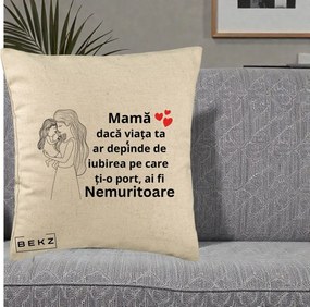 Cadou pentru Mama - Perna Personalizata Mama Nemuritoare cu Copilul in Poala, 40x40 cm, Bej, Husa Detasabila, Perna Inclusa, BEKZ®