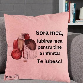 Cadou pentru Sora - Perna Personalizata Sora Mea Te Iubesc Doua Fete Iarna Acuarela, 40x40 cm, Roz, Husa Detasabila, Perna Inclusa, BEKZ®