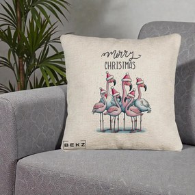 Perna Decorativa Flamingo Merry Christmas, 40x40 cm, Bej Canapea, Husa Detasabila, Perna Inclusa, BEKZ®