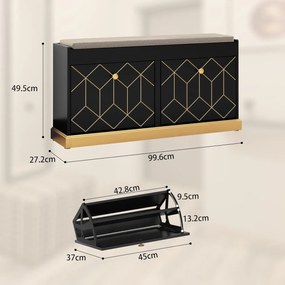 BAN247 - Bancuta hol 99 cm, banca pantofar, depozitare pantofi - Negru - Auriu