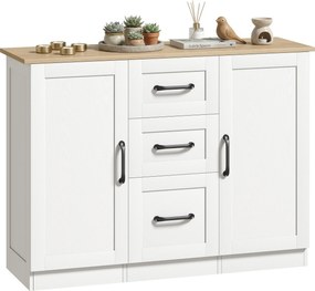 HOMCOM Bufet pentru living, mobilier de depozitare cu 2 uși cu închidere silențioasă și 3 sertare, 110x35x80,4cm, alb și lemn natural | Aosom Romania