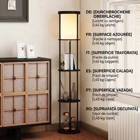 HOMCOM Lampă de Podea LED cu Rafturi Rotunde, Abajur Textile, Comutator cu Pedală și Telecomandă, Negru | Aosom Romania