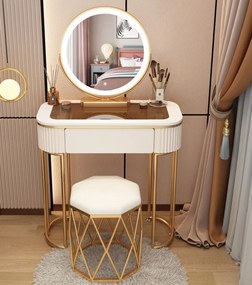 Set Petra, Masă de toaletă pentru machiaj cu oglindă iluminată LED, control touch, sertar, taburet tapitat, ALB, 80x40x75 cm