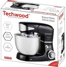 Mixer planetar Techwood TRO-1056, 1000W, Cupa inox 5 L, 6 viteze, 3 accesorii, Negru/Inox