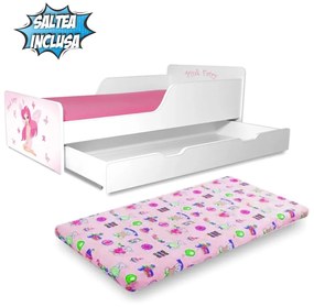 Pat copii Pink Fairy 2-12 ani cu sertar si saltea inclusa