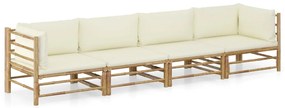 vidaXL Set mobilier de grădină, cu perne alb crem, 4 piese, bambus