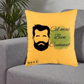 Cadou pentru Cumnat - Perna Personalizata Cel mai Bun Cumnat cu Portret Barbat si Pete Teal, 40x40 cm, Galben, Husa Detasabila, Perna Inclusa, BEKZ®