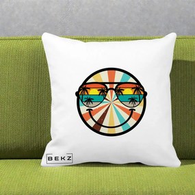 Perna Decorativa Smiley Face Retro Sunset Palmieri, 40x40 cm, Alba Mata, Husa Detasabila, Perna Inclusa, BEKZ®