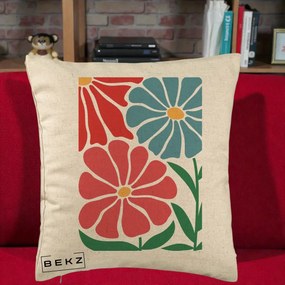 Perna Decorativa Flori Grafice Rosu-Albastru, 40x40 cm, Bej, Husa Detasabila, Perna Inclusa, BEKZ®