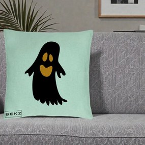 Perna Decorativa Halloween Fantoma Neagra cu Ochi Portocalii, 40x40 cm, Verde Menta, Husa Detasabila, Perna Inclusa, BEKZ®