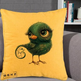 Perna Decorativa Pasare Teal cu Motive Aurii si Coada Spiralata, 40x40 cm, Galben, Husa Detasabila, Perna Inclusa, BEKZ®