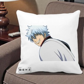 Perna Personalizata Gintama Gintoki Portret cu Zambet, 40x40 cm, Alba Mata, Husa Detasabila, Perna Inclusa, BEKZ®