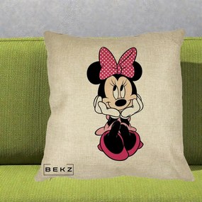 Perna Personalizata Minnie Mouse cu Fundita, 40x40 cm, Crem, Husa Detasabila, Perna Inclusa, BEKZ®