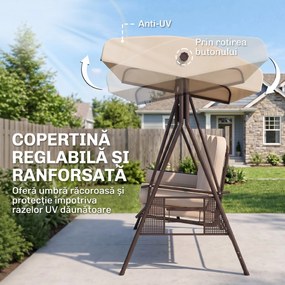 Outsunny Leagăn de Grădină cu 3 Locuri, Acoperiș Reglabil, Suport pentru Pahare și Perne, 207x120,5x174 cm, Bej | Aosom Romania