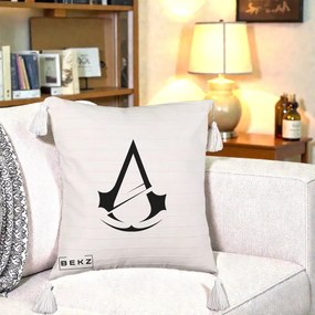 Perna Personalizata Assassin's Creed Minimalist, 40x40 cm, Bej cu Franjuri, Husa Detasabila, Perna Inclusa, BEKZ®