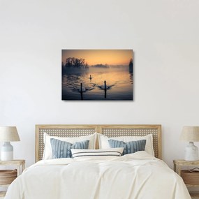 Tablou pe sticlă cu lebăde pe apă în ceață (70x50 cm)
