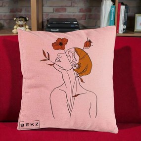 Perna Decorativa Portret Feminin Mac Privire Inalta, 40x40 cm, Roz, Husa Detasabila, Perna Inclusa, BEKZ®