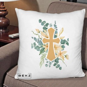 Perna Personalizata Cruce Florala Botez, 40x40 cm, Alb Pufos, Husa Detasabila, Perna Inclusa, BEKZ®