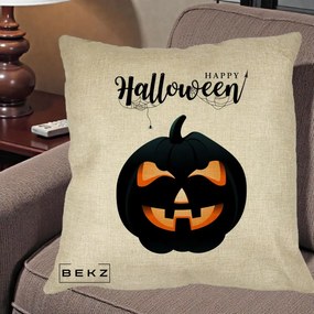 Perna Decorativa Happy Halloween Dovleac Negru cu Paianjen, 40x40 cm, Crem, Husa Detasabila, Perna Inclusa, BEKZ®