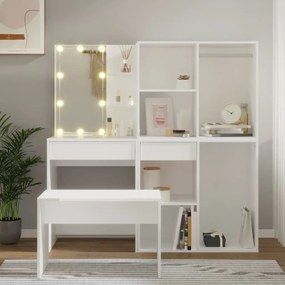 3114099 vidaXL Set măsuță de toaletă cu LED, alb, lemn prelucrat