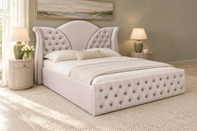 Pat tapițat Chesterfield din catifea Velora 180×200 cm, crem, cu ladă de depozitare