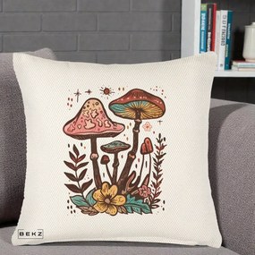 Perna Decorativa Ciuperci Boho Multicolore, 40x40 cm, Crem Reliefat, Husa Detasabila, Perna Inclusa, BEKZ®
