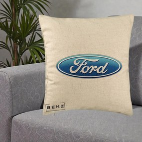 Perna Personalizata cu emblema Ford, 40x40 cm, Bej, Husa Detasabila, Perna Inclusa, BEKZ®
