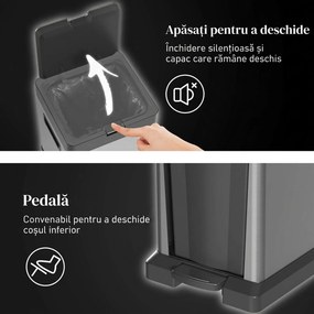 HOMCOM Coș de gunoi pentru colectare selectivă, 2 compartimente 20+14 L, cu recipiente interioare detașabile, din oțel inoxidabil și PP, argintiu | Aosom Romania