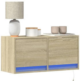 vidaXL Comodă TV de perete cu lumini LED, stejar sonoma, 80x31x38 cm