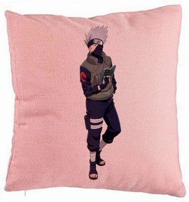 Perna Decorativa cu Naruto Kakashi, 40x40 cm, Roz, Husa Detasabila, Burduf