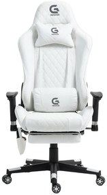 Scaun gaming, Masaj in 7 puncte, Boxe Bluetooth, funcție șezlong, 90-180 grade, suport picioare, sezut benzi elastice sustinere suplimentara, PU, Alb