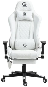 Scaun gaming, Masaj in 7 puncte, Boxe Bluetooth, funcție șezlong, 90-180 grade, suport picioare, sezut benzi elastice sustinere suplimentara, PU, Alb