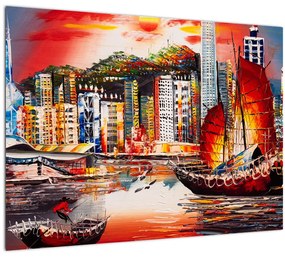 Tablou - Victoria Harbour, Hong Kong, pictură în ulei (70x50 cm)