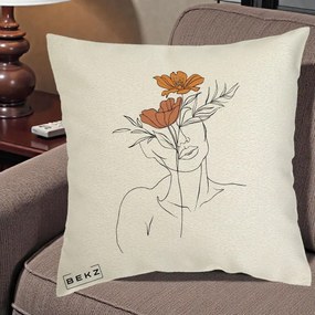 Perna Decorativa Portret Feminin Doua Flori, 40x40 cm, Ecru, Husa Detasabila, Perna Inclusa, BEKZ®
