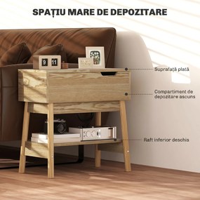 HOMCOM Măsuță de Sufragerie cu 2 Prize CA, Porturi USB, Raft Rabatabil și Raft Deschis, 30x60x60,5 cm, Natural | Aosom Romania