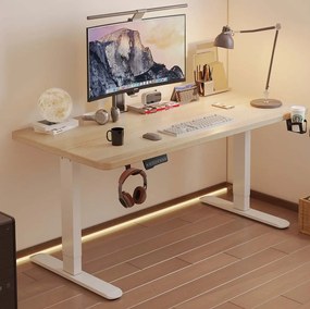 Birou reglabil în înălțime, două motoare electrice ridicare, suport caști, suport pahar, 140x60 cm, Stejar deschis