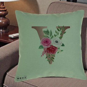 Cadou Personalizat - Perna Personalizata Monograma Rose Gold Litera V, 40x40 cm, Verde, Husa Detasabila, Perna Inclusa, BEKZ®