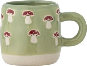 Cană mică din ceramică verde, pictată manual cu motiv ciuperci roșii, „Millie", 6 x 7 cm, 110 ml