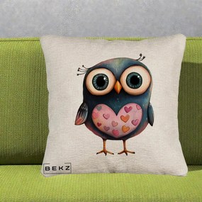 Perna Decorativa Bufnita cu Inimioare Roz, 40x40 cm, Bej Canapea, Husa Detasabila, Perna Inclusa, BEKZ®