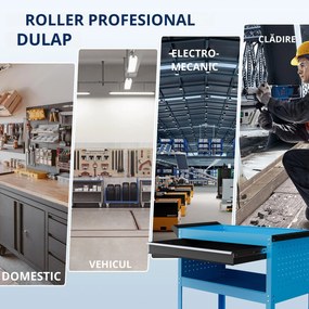 DURHAND Cărucior pentru Scule cu Mâner, Sertar și 3 Rafturi, Cărucior Unelte Practic și Spațios, 82x35x76 cm, Albastru | Aosom România