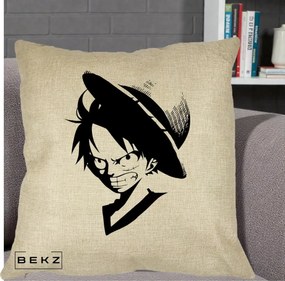 Perna Personalizata One Piece Luffy Silueta Alb-Negru, 40x40 cm, Crem, Husa Detasabila, Perna Inclusa, BEKZ®