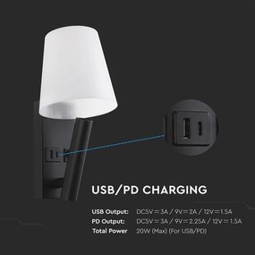 Lampă de perete LED cu port USB, 2W, 230V, 3000K, negru/alb